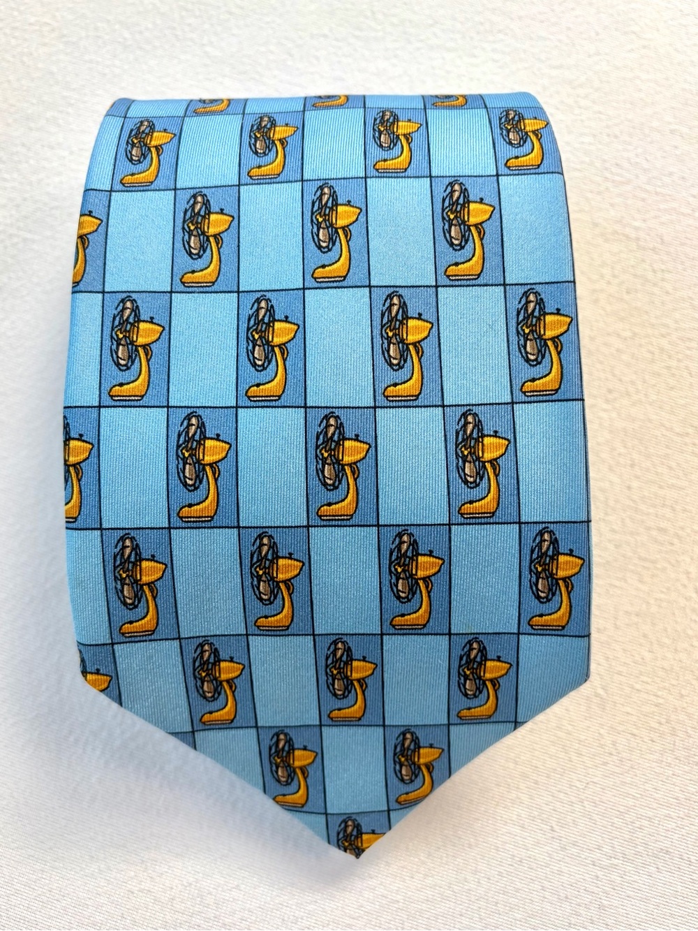Gucci silk tie w/ electric fan pattern, blue/yellow, 54” 3.25”, GUC